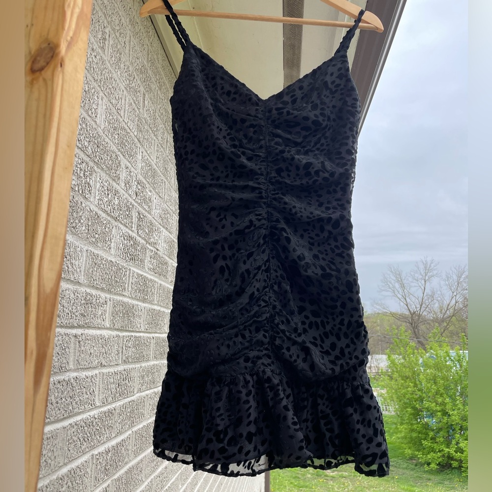 NWT black scrunch velvet appliqué flounce hem ruffle Celine mermaid mini bodycon